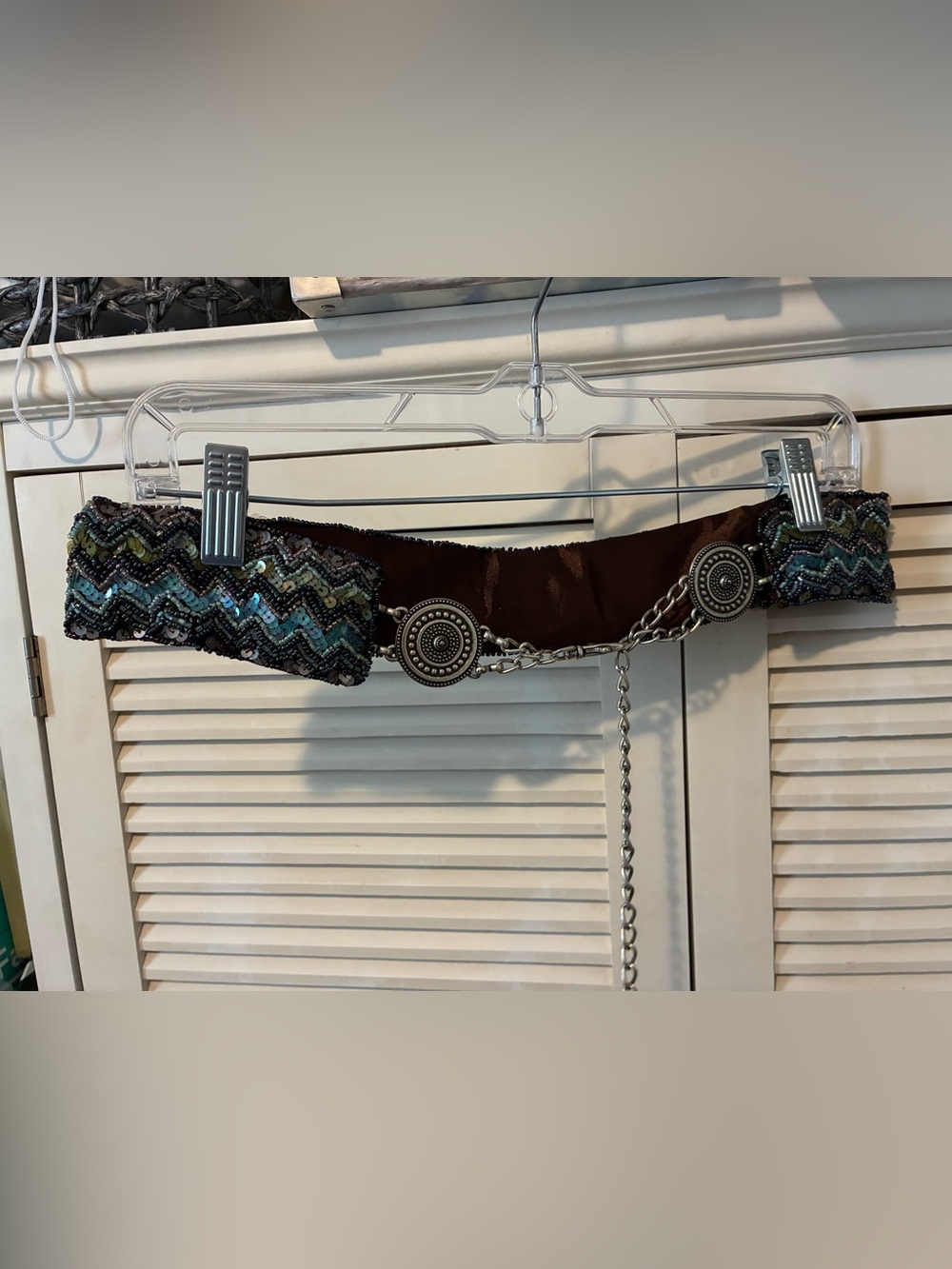 Brown Beaded Accent Belt with Silver Chain Closure